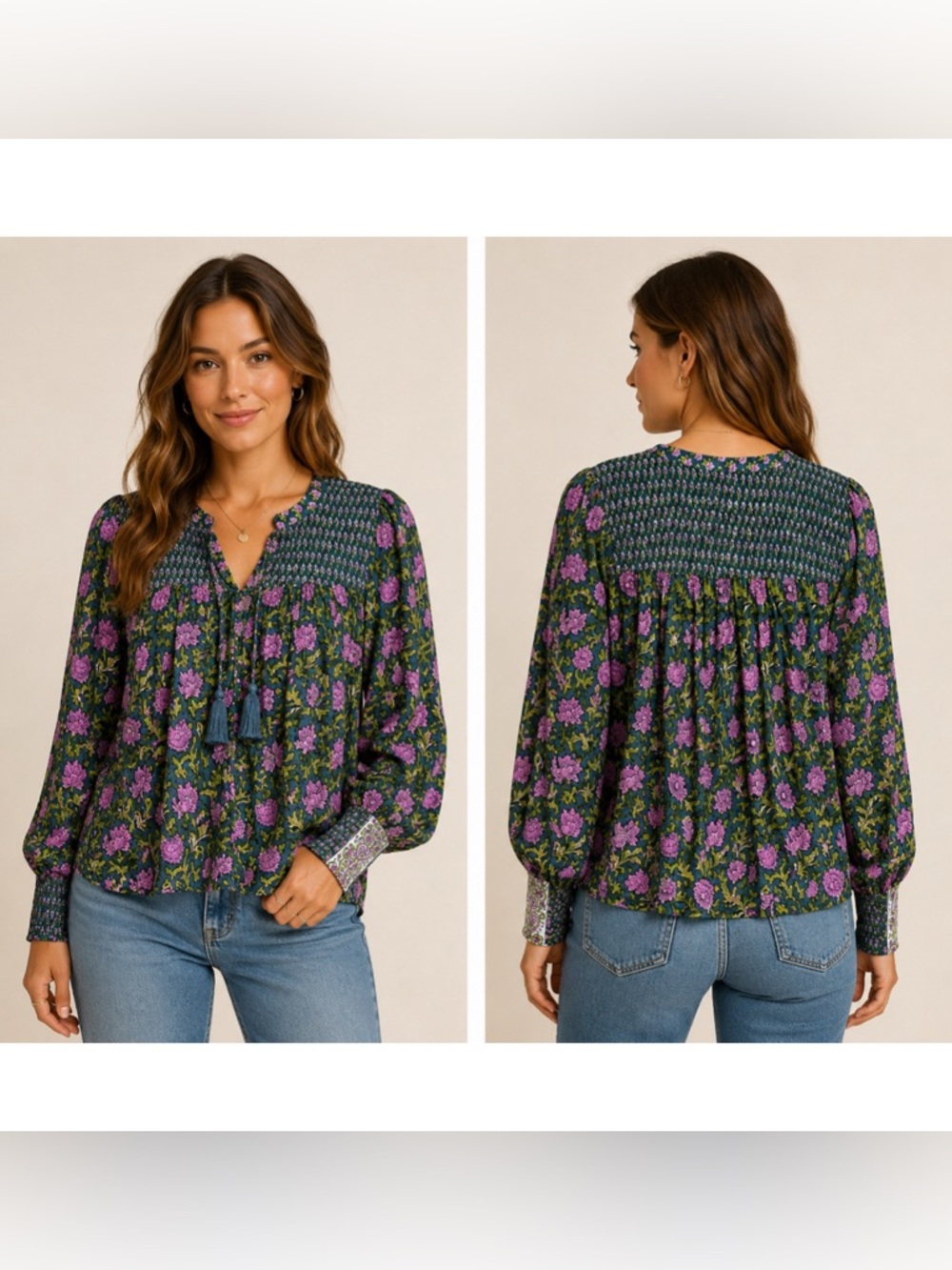 Rachel Zoe Large Floral Smocked Peasant Blouse Tassel Tie Top Size Large